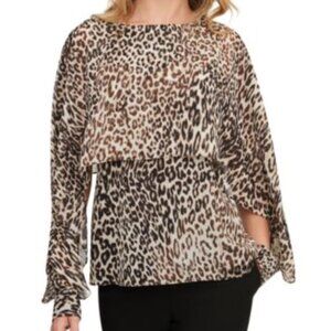 DKNY Leopard-Print Metallic Lined Cape-Sleeve Pullover Blouse NWT Small